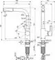 Küchenarmatur von Ideal Standard mit L-Auslauf und flexibler Brause. Zeichnung zeigt Maße und Montageoptionen. 360° drehbar. Technische Details sind dargestellt.
